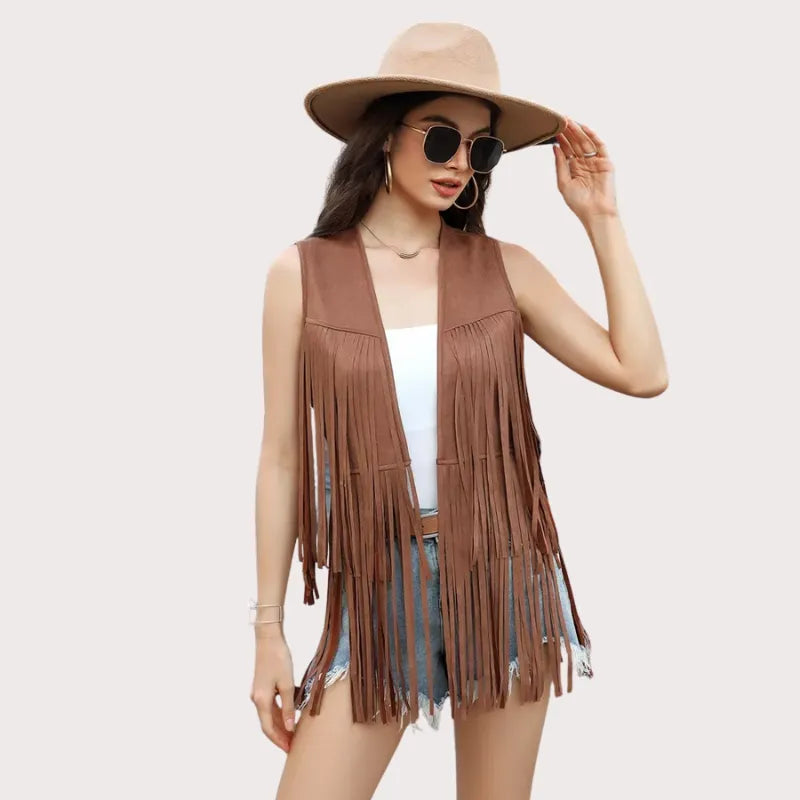 Women's Fringe Vest 70s Hippie Faux Suede Rivets Sleeveless Costume Fringe Jacket image 3