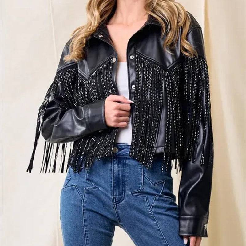 Fringe Stud Details Leather Jacket image 0