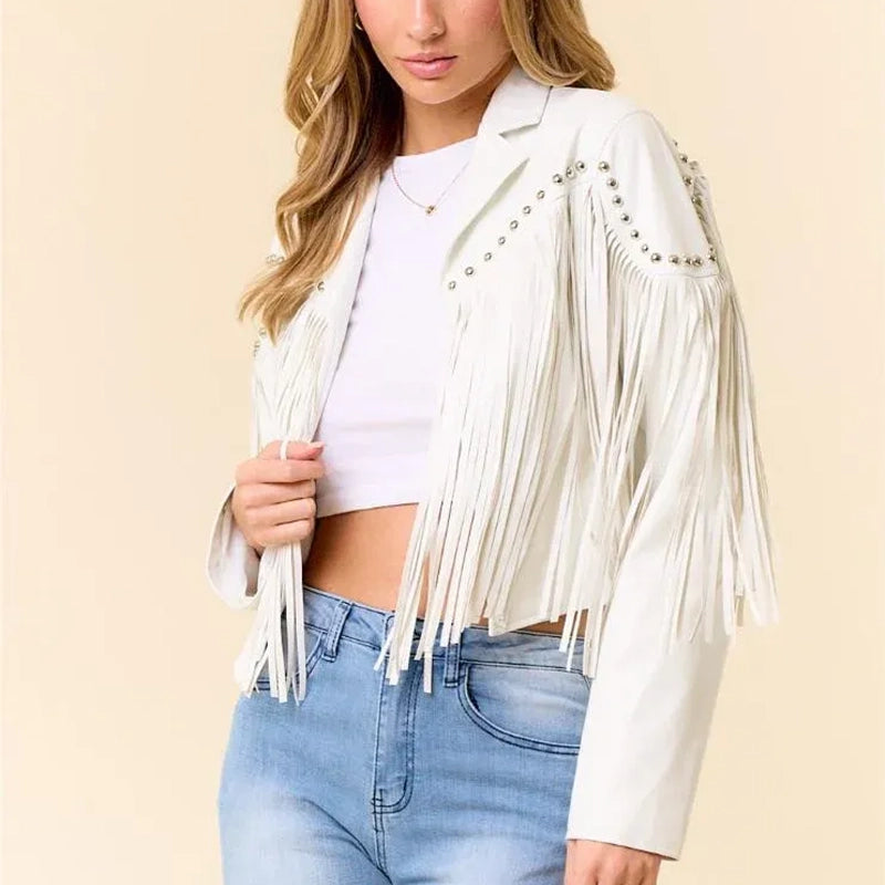 Women Fringe Stud Leather Jacket image 1