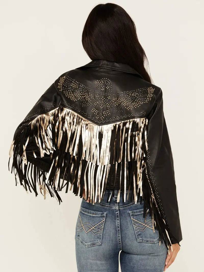 Women's Sparks Studded Thunderbird Fringe Leather Jacket image 1