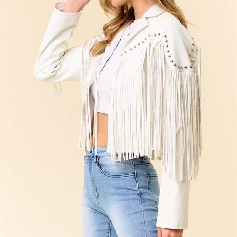 Women Fringe Stud Leather Jacket image 2
