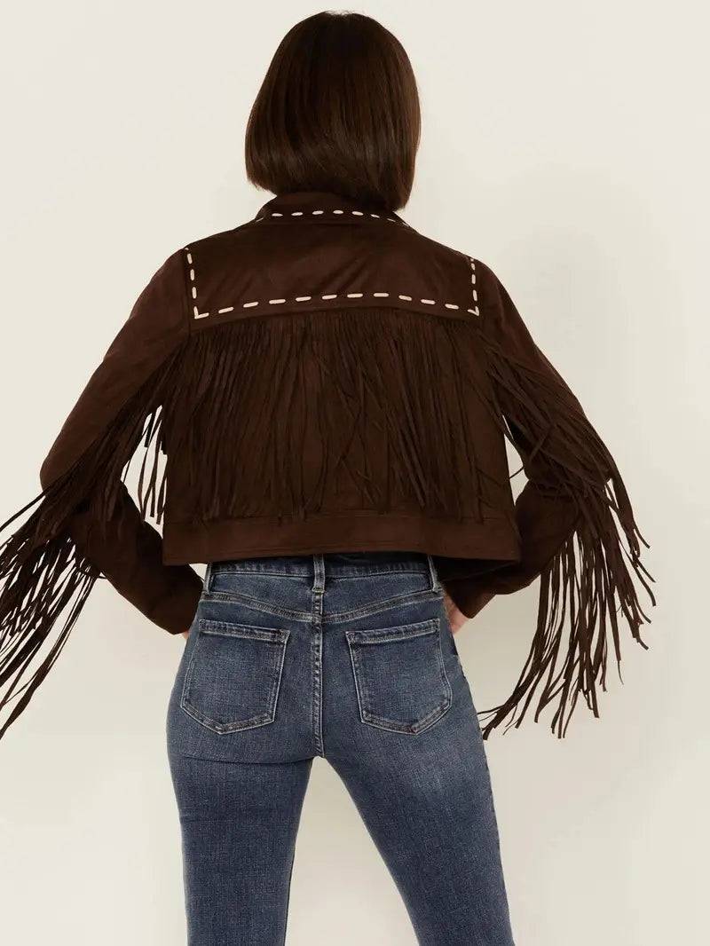 Women's Suede Leather Contrast Stitch Fringe Jacket image 1