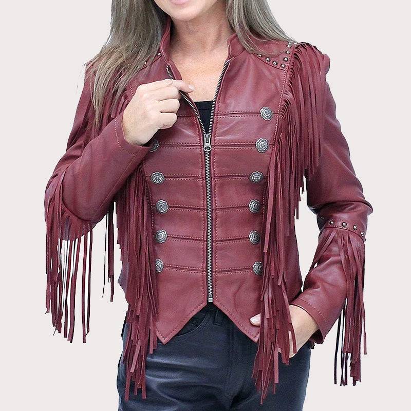 Burgundy Fringed Leather Jacket image 0