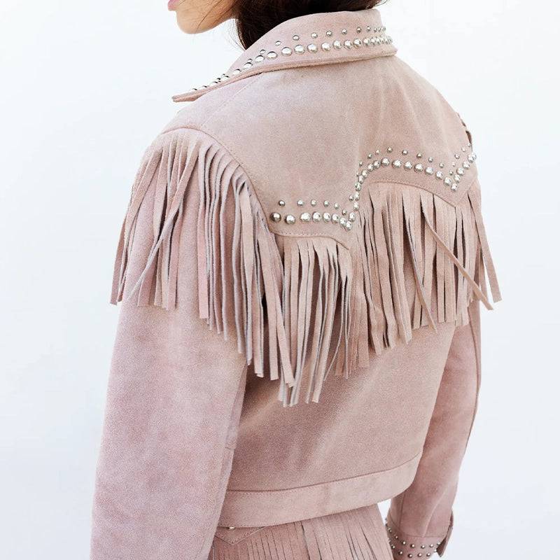 Women Studded Fringe Leather Jacket image 2