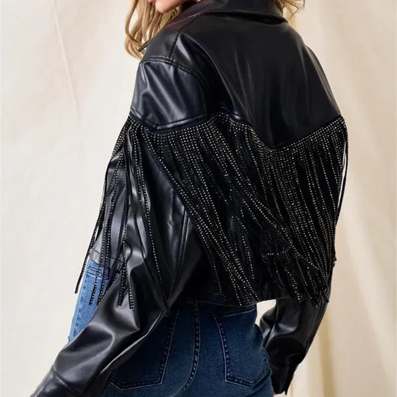 Fringe Stud Details Leather Jacket image 3