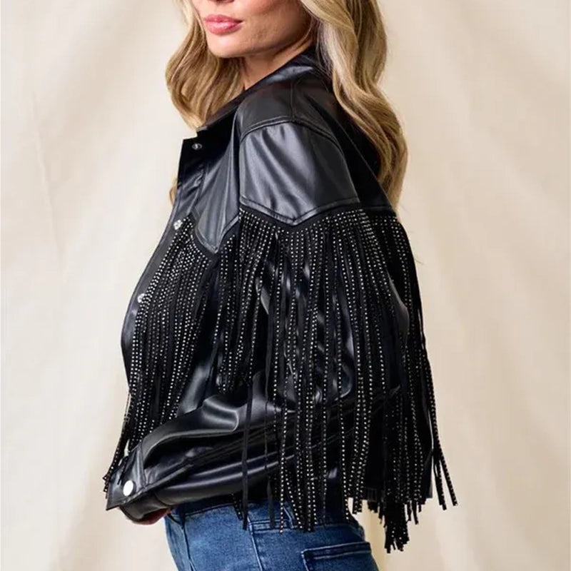 Fringe Stud Details Leather Jacket image 2