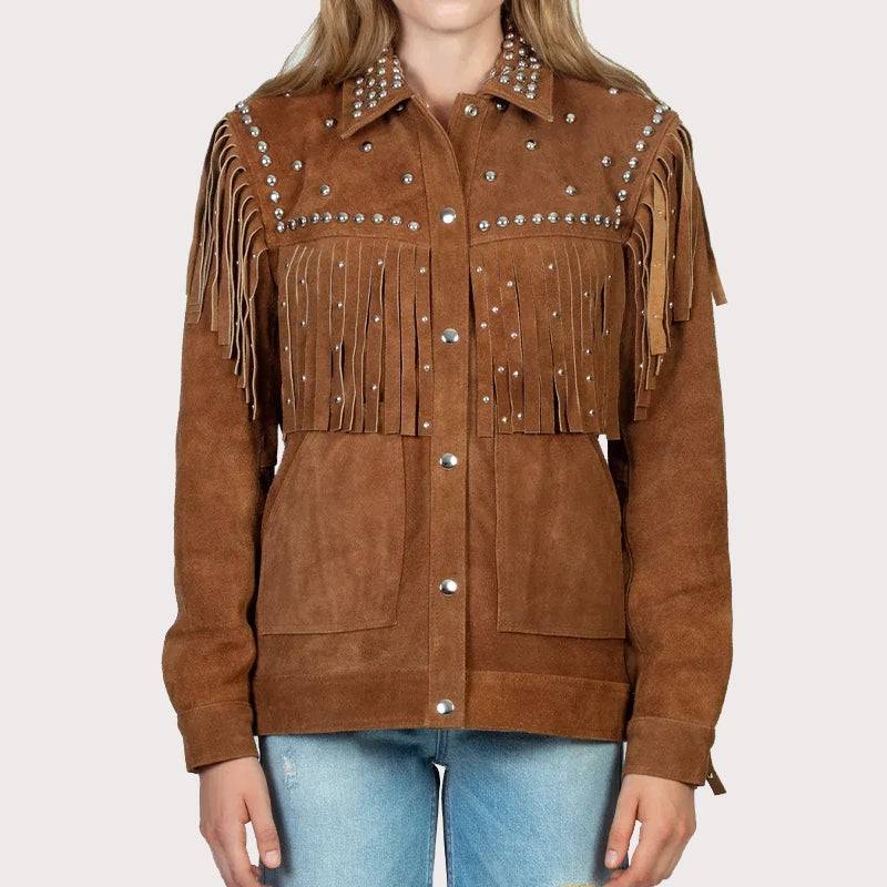 BROWN STUEDDED FRINGE LEATHER JACKET image 0