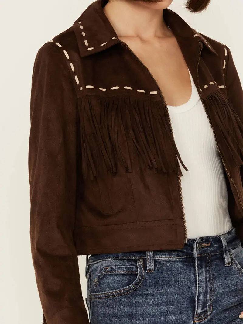 Women's Suede Leather Contrast Stitch Fringe Jacket image 2