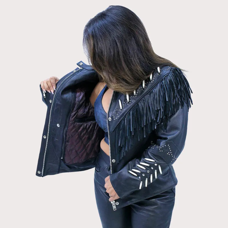 Bone Studded Fringe Leather Jacket image 2