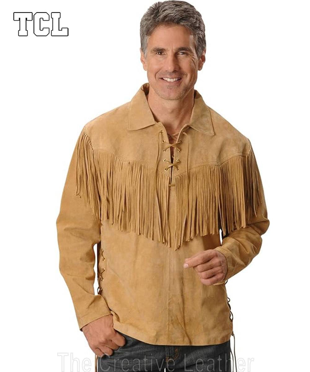 Mens Fringed Suede Leather Jacket - M, Tan image