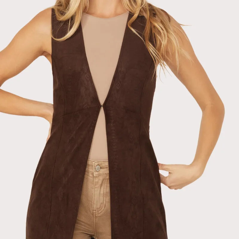 Shyanne Women's Embossed Southwestern Print Fringe Faux Suede Vest image 2