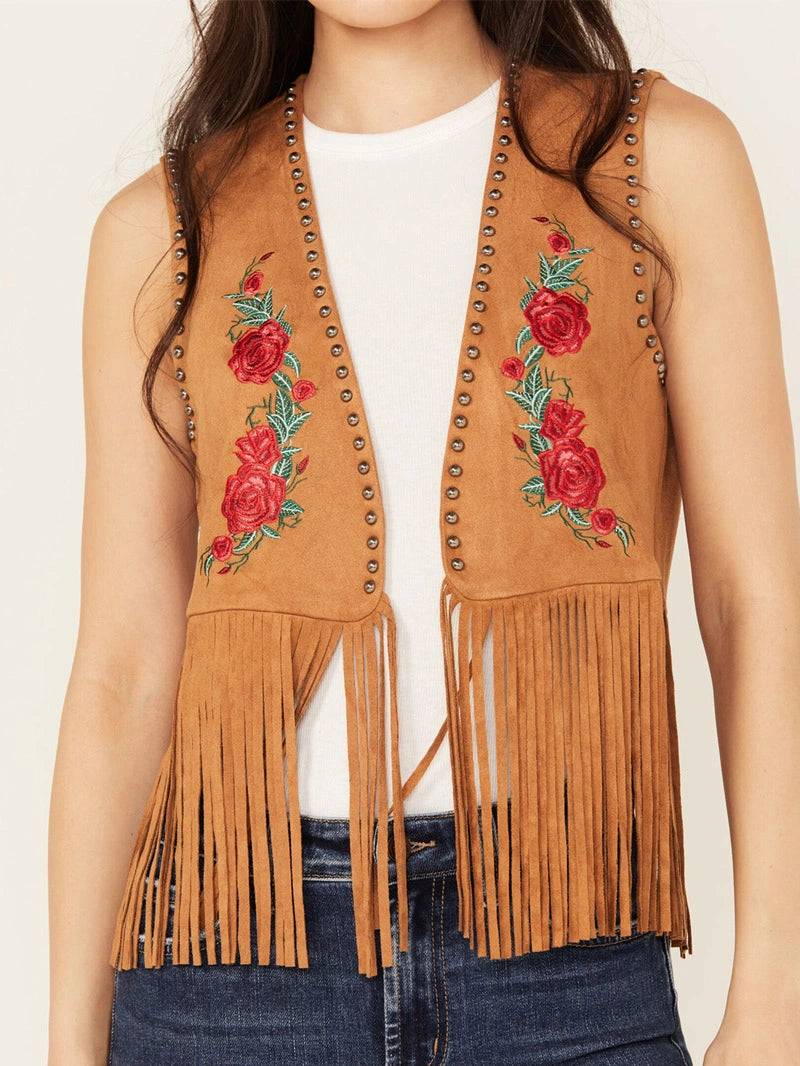 Women's Embroidered Rose Suede Fringe Vest image 1