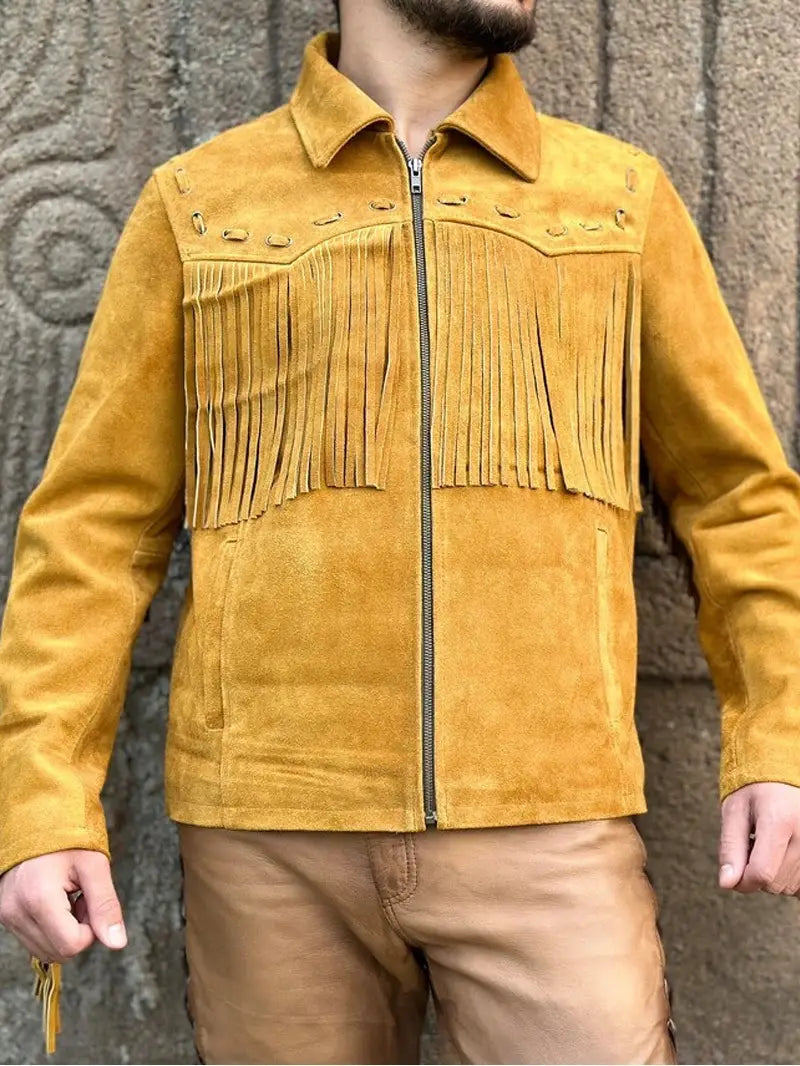 Men's Western Style Suede Leather Fringe Jacket - XS, Brown image