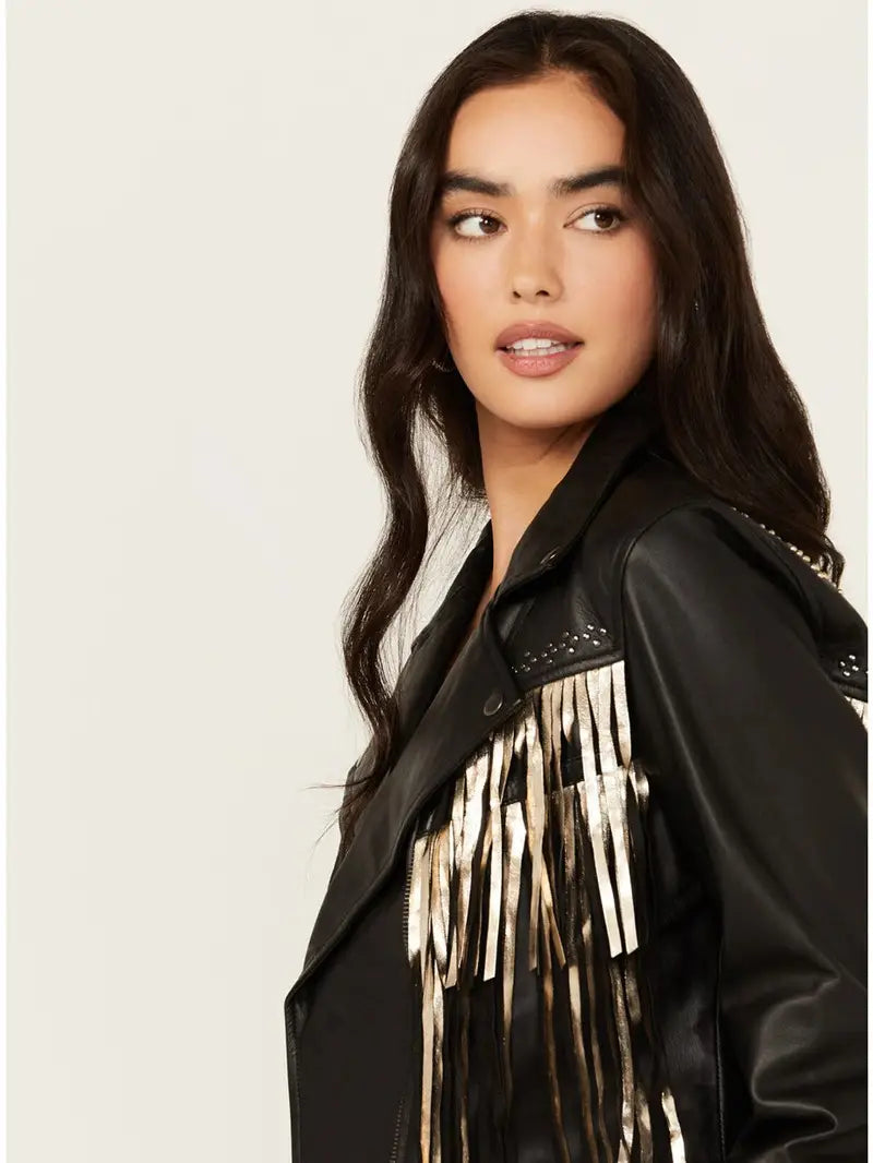 Women's Sparks Studded Thunderbird Fringe Leather Jacket image 3