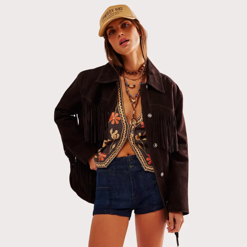 Women Brown Fringe Suede Jacket image 1