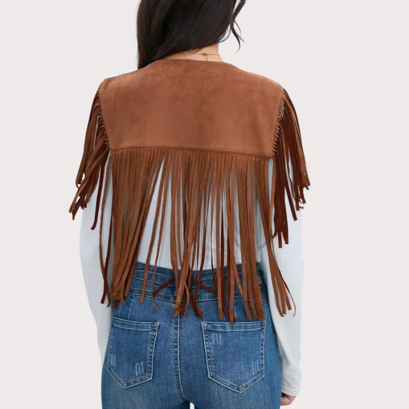 Women's Fringe Vest 70s western Hippie Suede Sleeveless Costume Fringe Waistcoat image 4