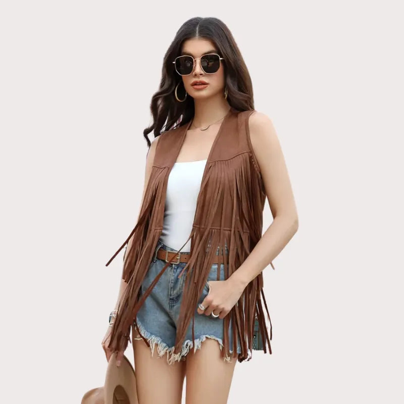 Women's Fringe Vest 70s Hippie Faux Suede Rivets Sleeveless Costume Fringe Jacket image 2