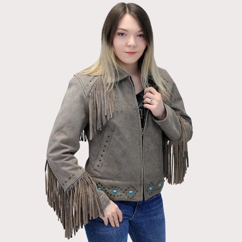 Women Turquoise and Fringe Leather Jacket image 2