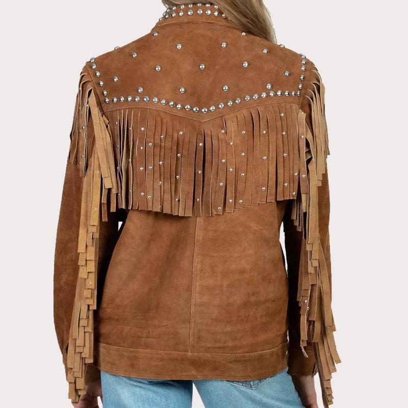 BROWN STUEDDED FRINGE LEATHER JACKET image 3