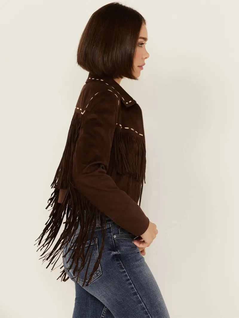 Women's Suede Leather Contrast Stitch Fringe Jacket image 3