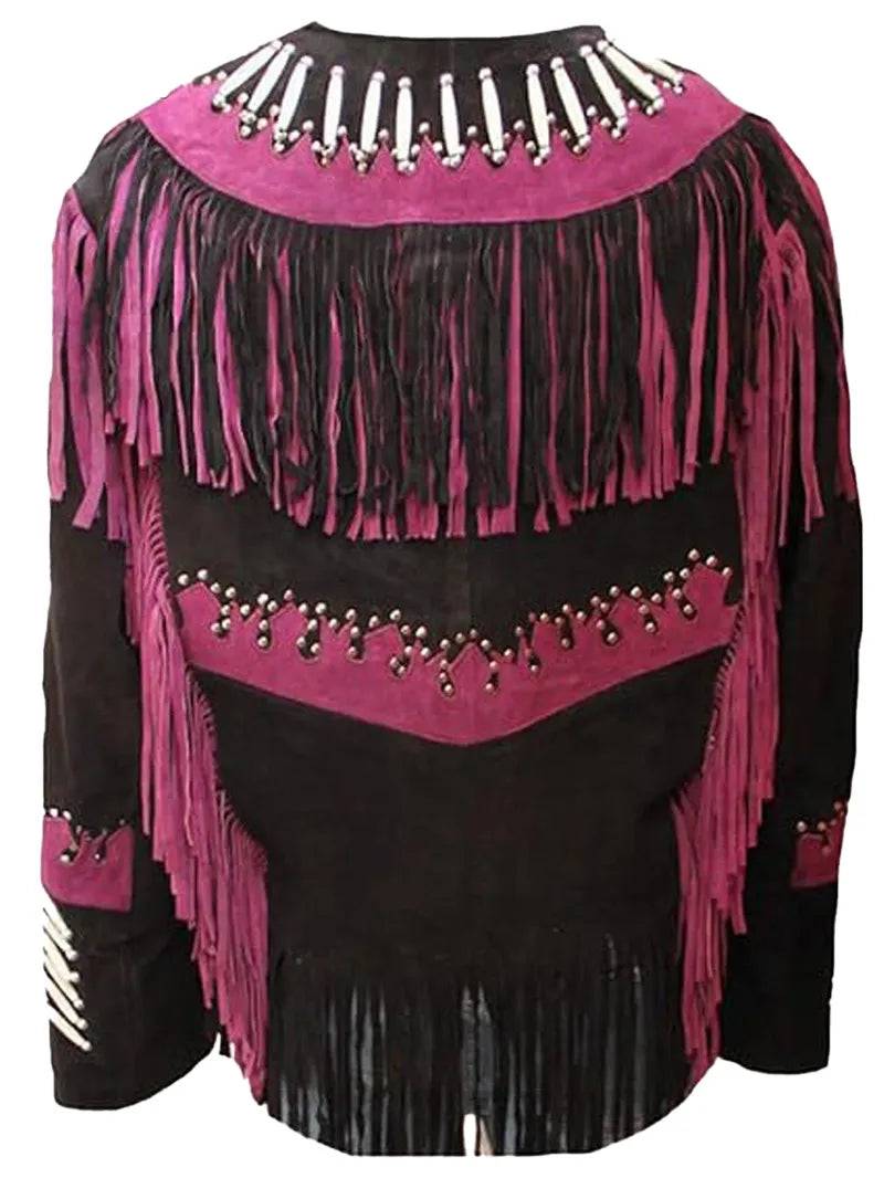 Womens Western Fringed Beaded & Bones Suede Coat image 1