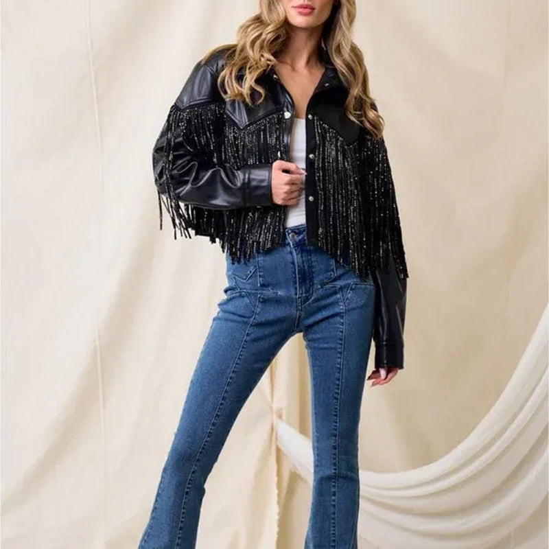 Fringe Stud Details Leather Jacket image 4