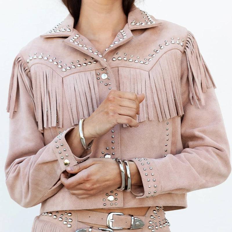 Women Studded Fringe Leather Jacket image 1