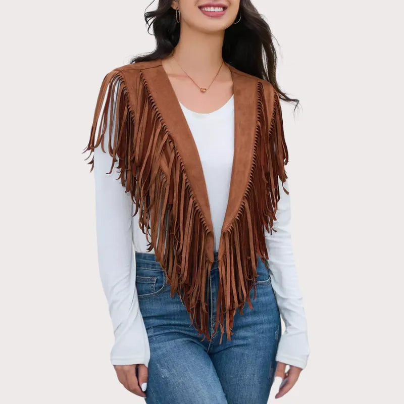 Women's Fringe Vest 70s western Hippie Suede Sleeveless Costume Fringe Waistcoat image 1
