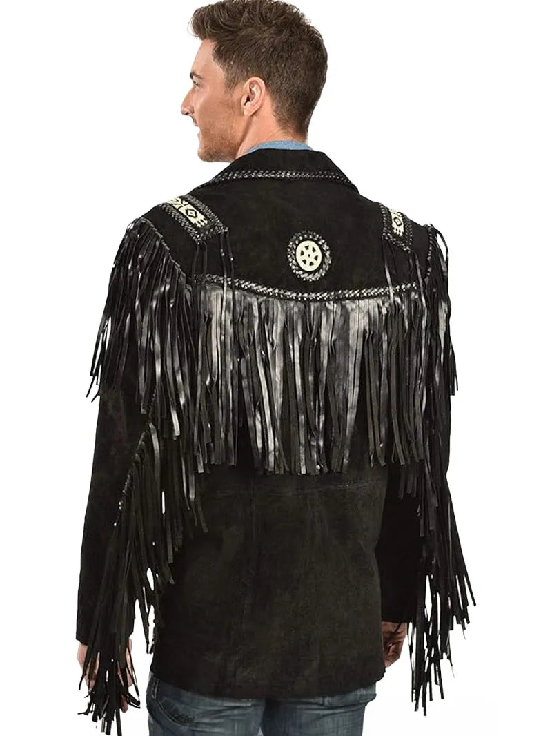 Black Western Coat Mens Leather Button Fringe Jacket image 2