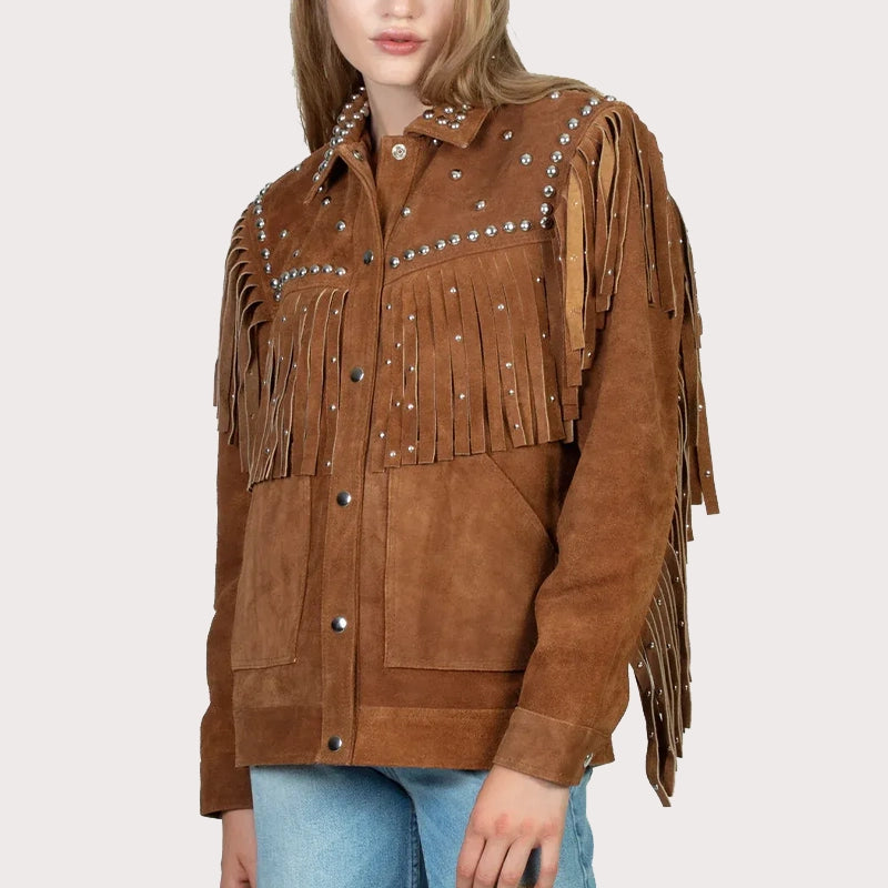 BROWN STUEDDED FRINGE LEATHER JACKET image 1