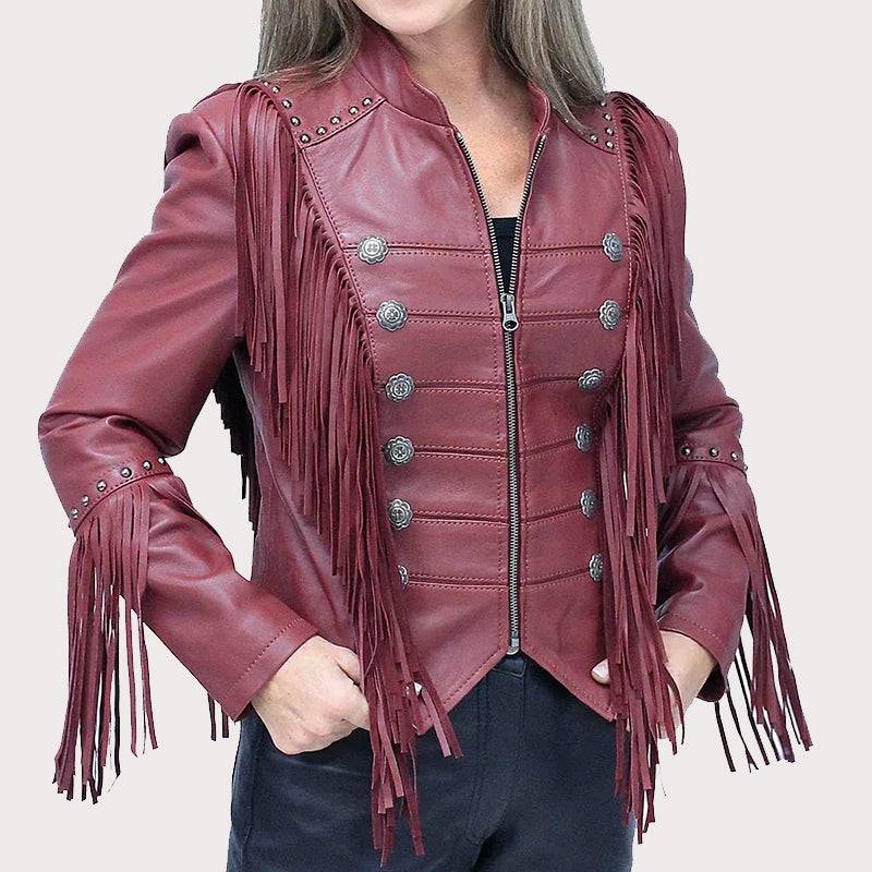 Burgundy Fringed Leather Jacket image 2