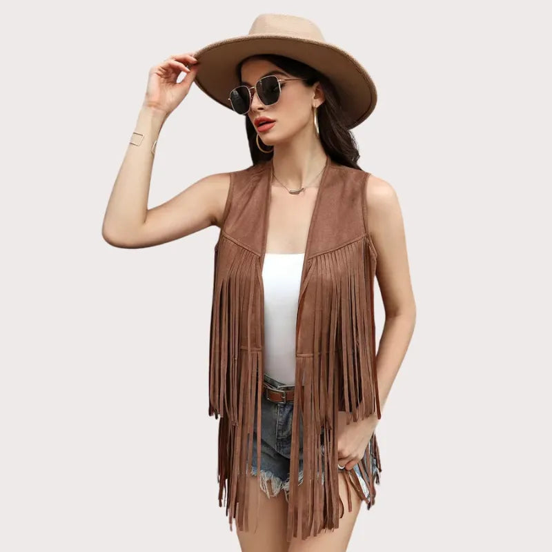 Women's Fringe Vest 70s Hippie Faux Suede Rivets Sleeveless Costume Fringe Jacket image 4