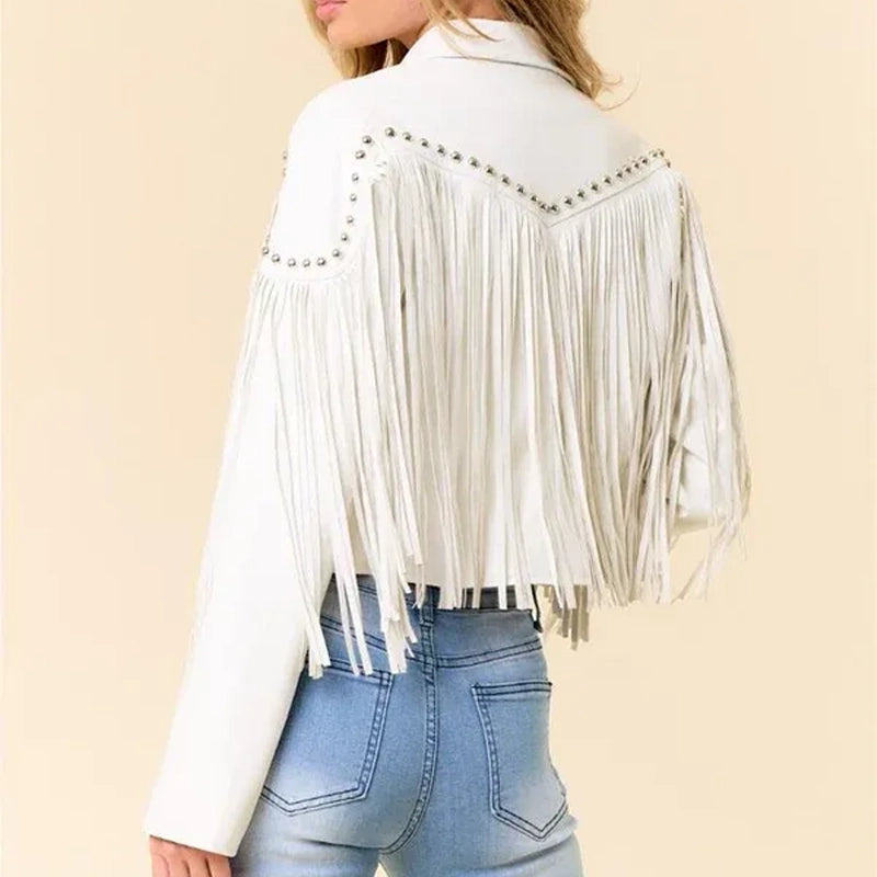Women Fringe Stud Leather Jacket image 3