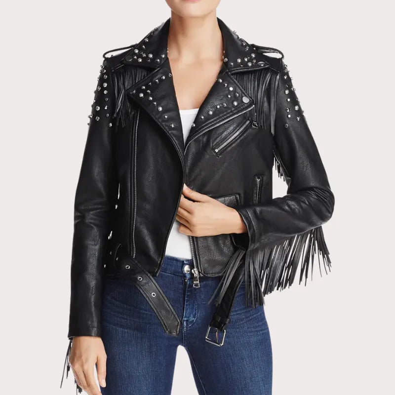 Women Black Studded Biker Leather Jacket image 0