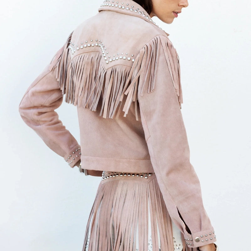 Women Studded Fringe Leather Jacket image 3