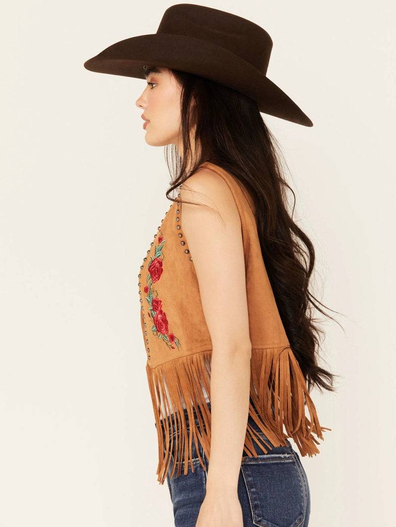 Women's Embroidered Rose Suede Fringe Vest image 2