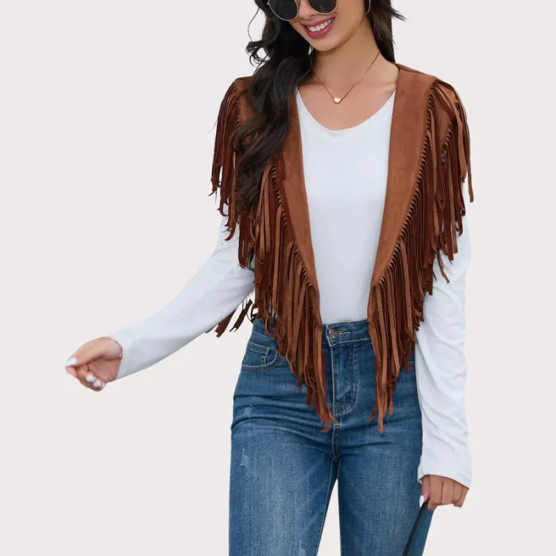 Women's Fringe Vest 70s western Hippie Suede Sleeveless Costume Fringe Waistcoat image 2