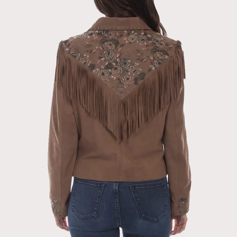 Scully Womens Floral Print Fringe Suede Western Jacket image 1
