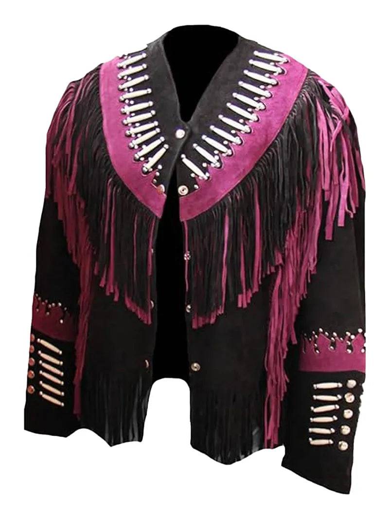 Womens Western Fringed Beaded & Bones Suede Coat image 0