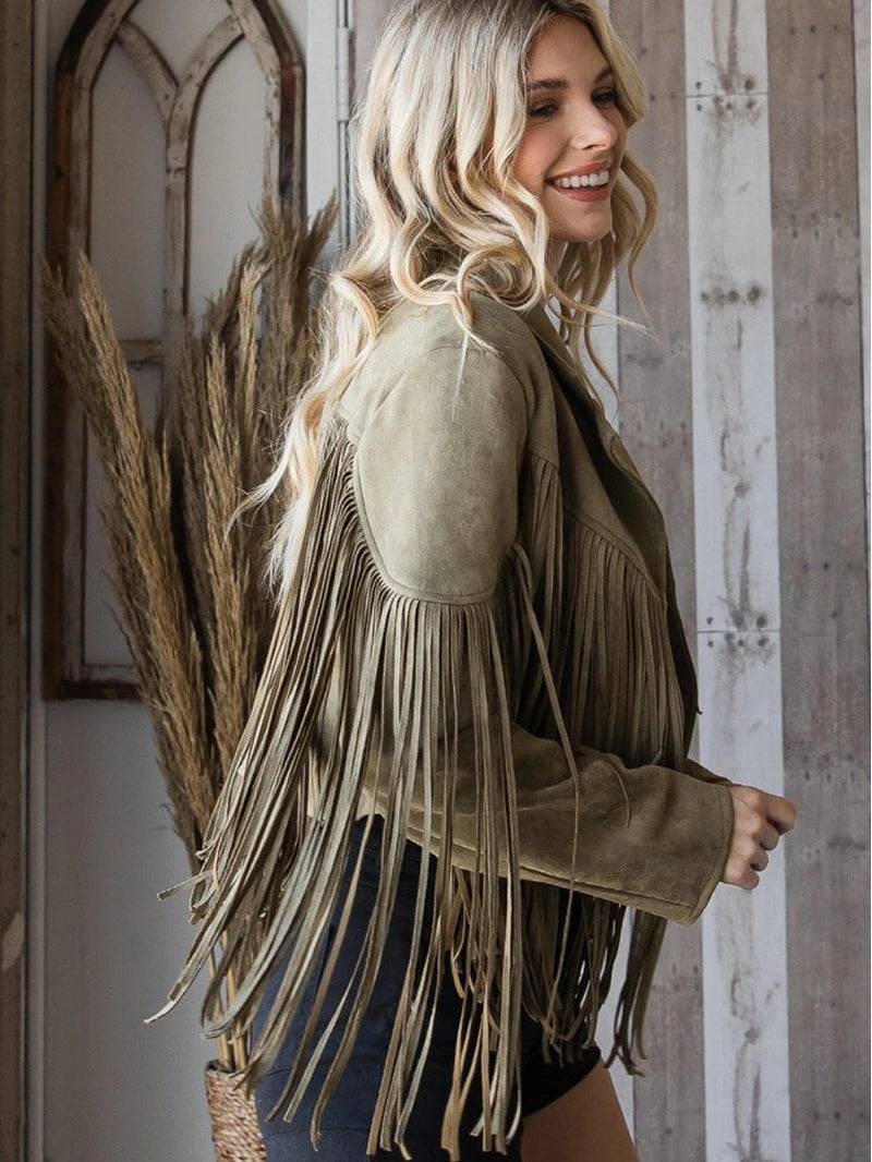 Olive Green Suede Fringe Jacket For Women image 1