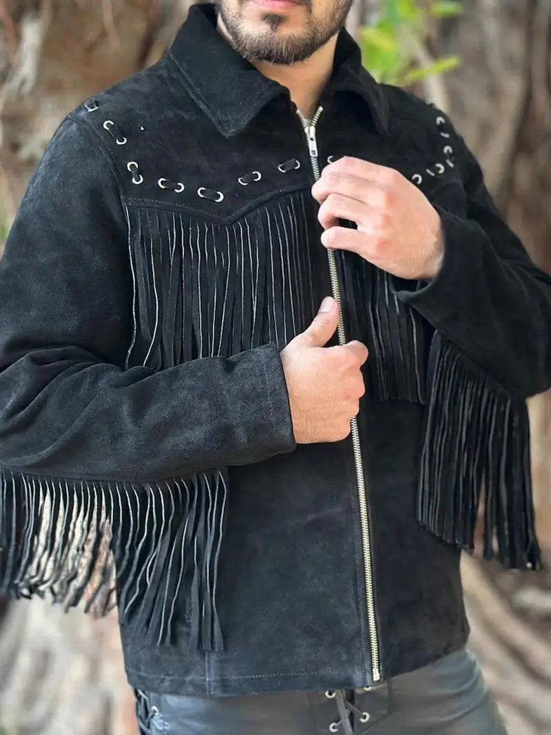 Men's Western Style Suede Leather Fringe Jacket - 2XL, Black image