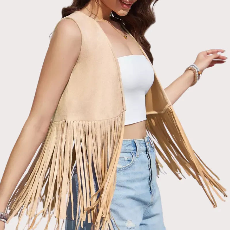 Women's Fringe Vest 70s Hippie Faux Suede Rivets Sleeveless Fringe Jacket image 2