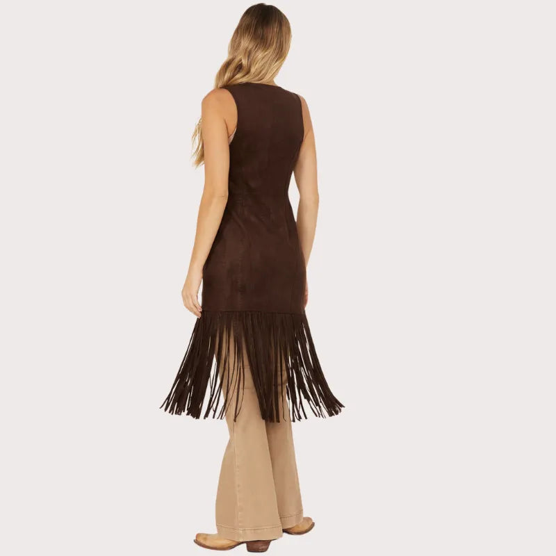Shyanne Women's Embossed Southwestern Print Fringe Faux Suede Vest image 3