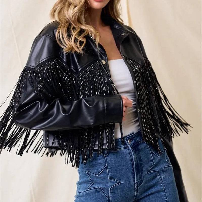 Fringe Stud Details Leather Jacket image 1
