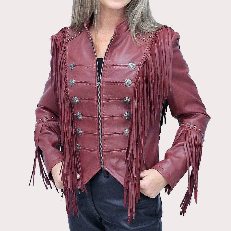 Burgundy Fringed Leather Jacket image 1