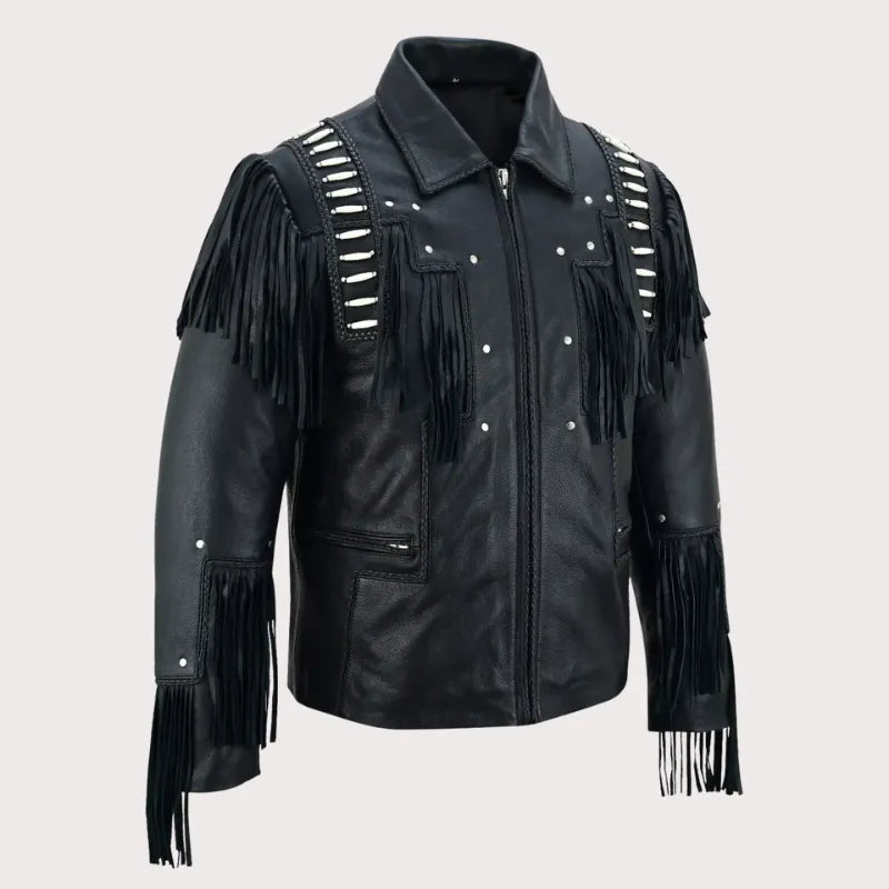 Men Black Studded Fringes White Beads Leather Jacket image 1