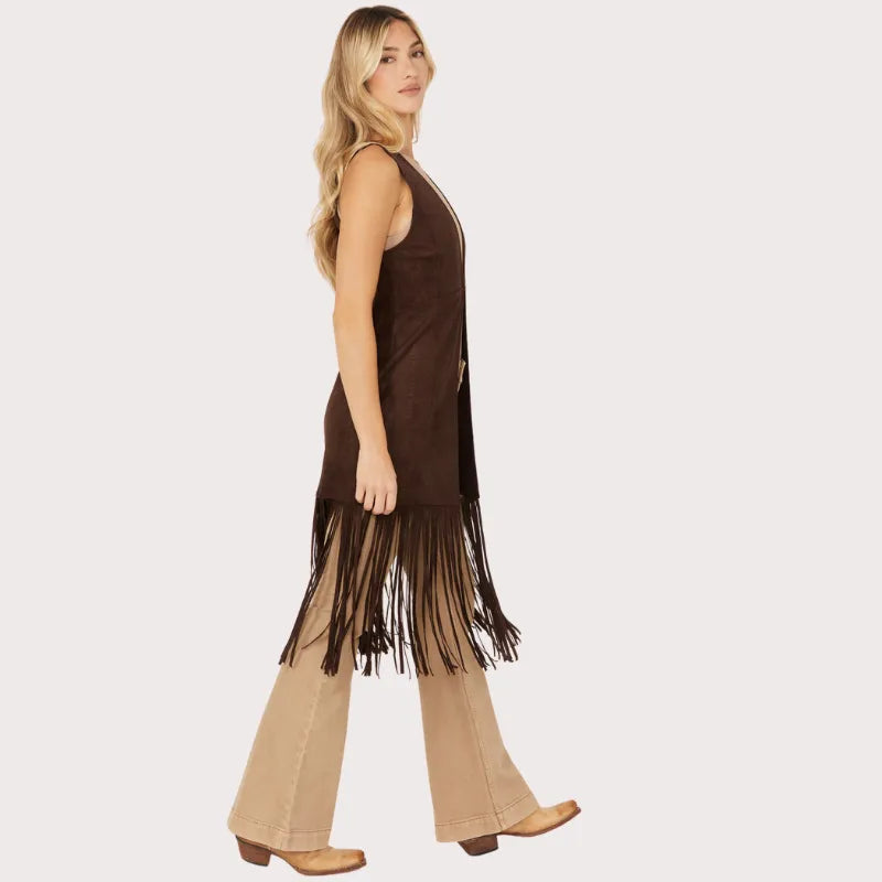 Shyanne Women's Embossed Southwestern Print Fringe Faux Suede Vest image 1