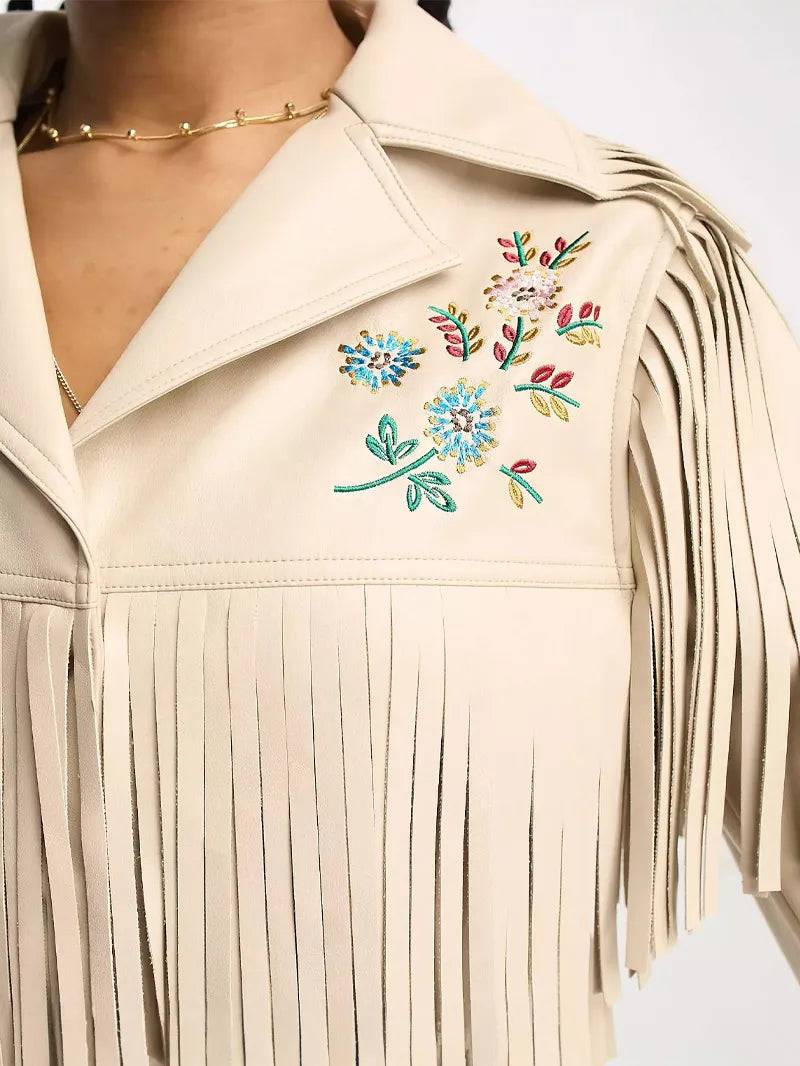 Women embroidered fringe leather jacket image 2
