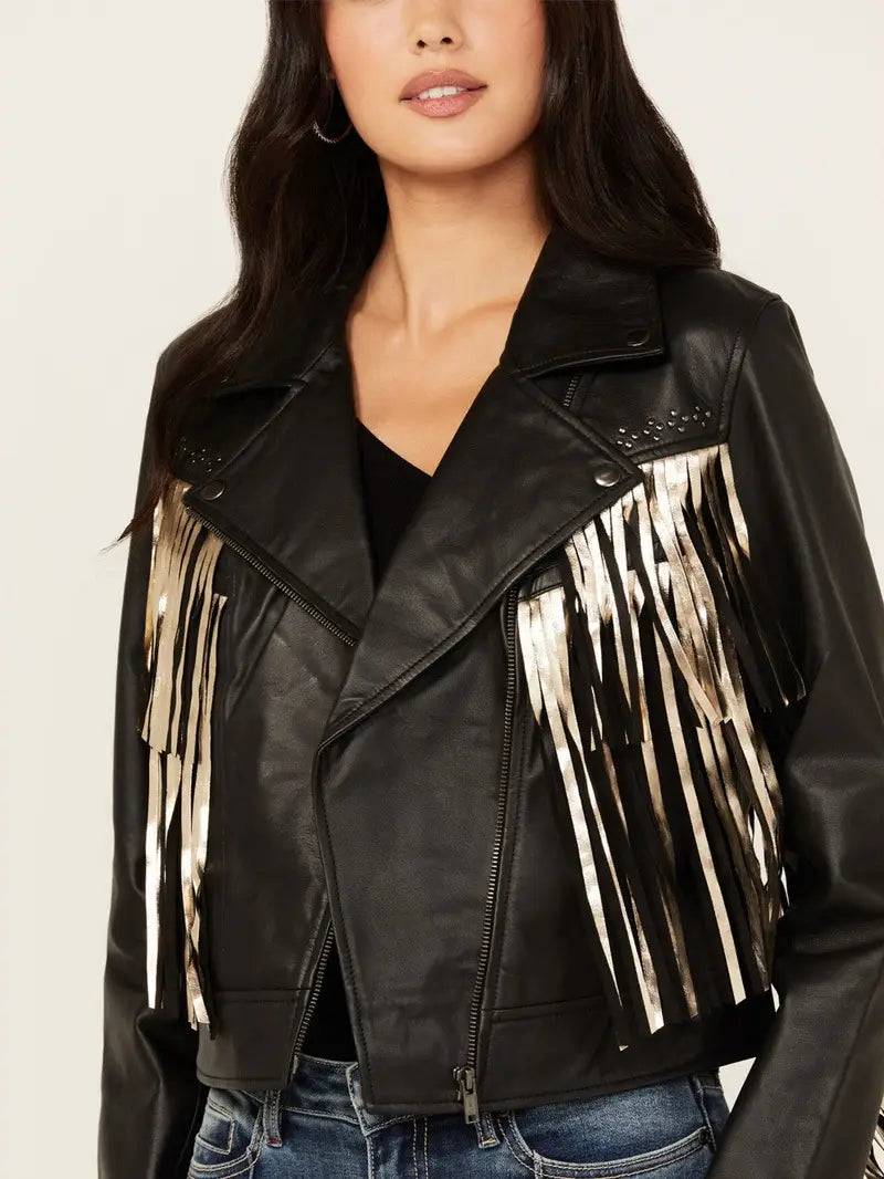 Women's Sparks Studded Thunderbird Fringe Leather Jacket image 2