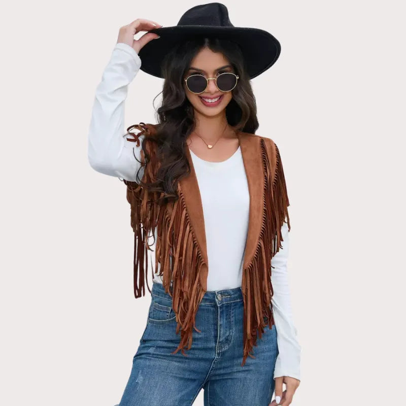 Women's Fringe Vest 70s western Hippie Suede Sleeveless Costume Fringe Waistcoat image 3